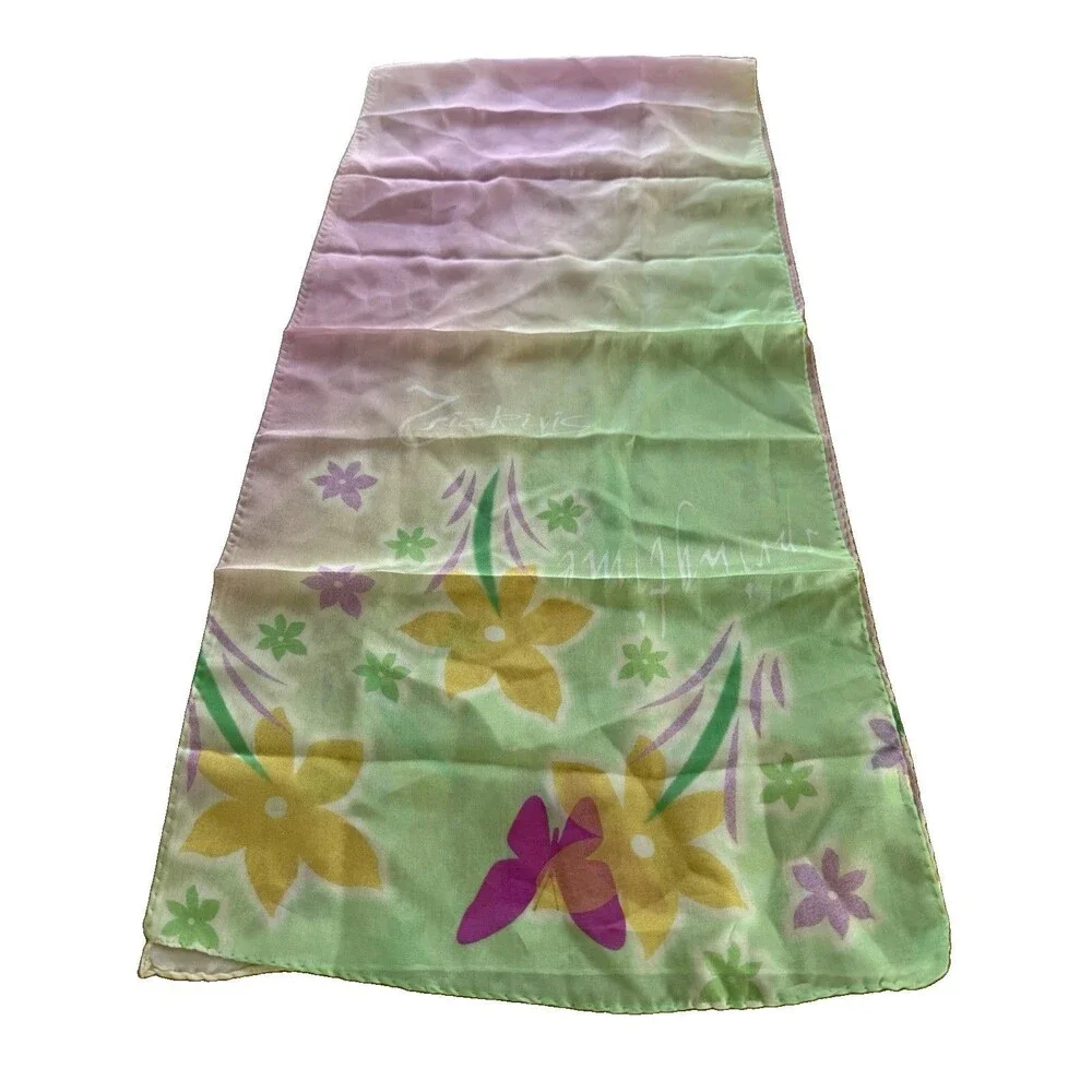 VTG Tsiakiris Designer Scarf 100% Silk Pastel Floral Print 56” X 13” Artsy EVC